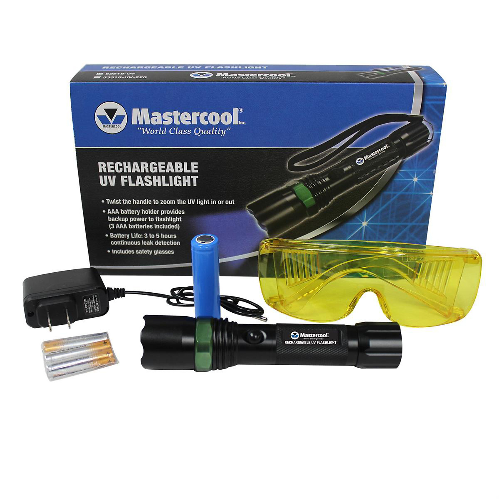 Mastercool Rechargeable UV Flashlight — Telescoping, Dye Enhancing UV Glasses Included, Model# MSC53518-UV